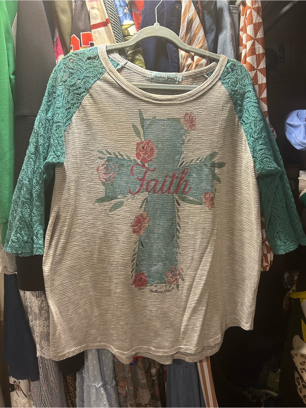 Faith Graphic Raglan Top with Lace Sleeves - Teal & Cream